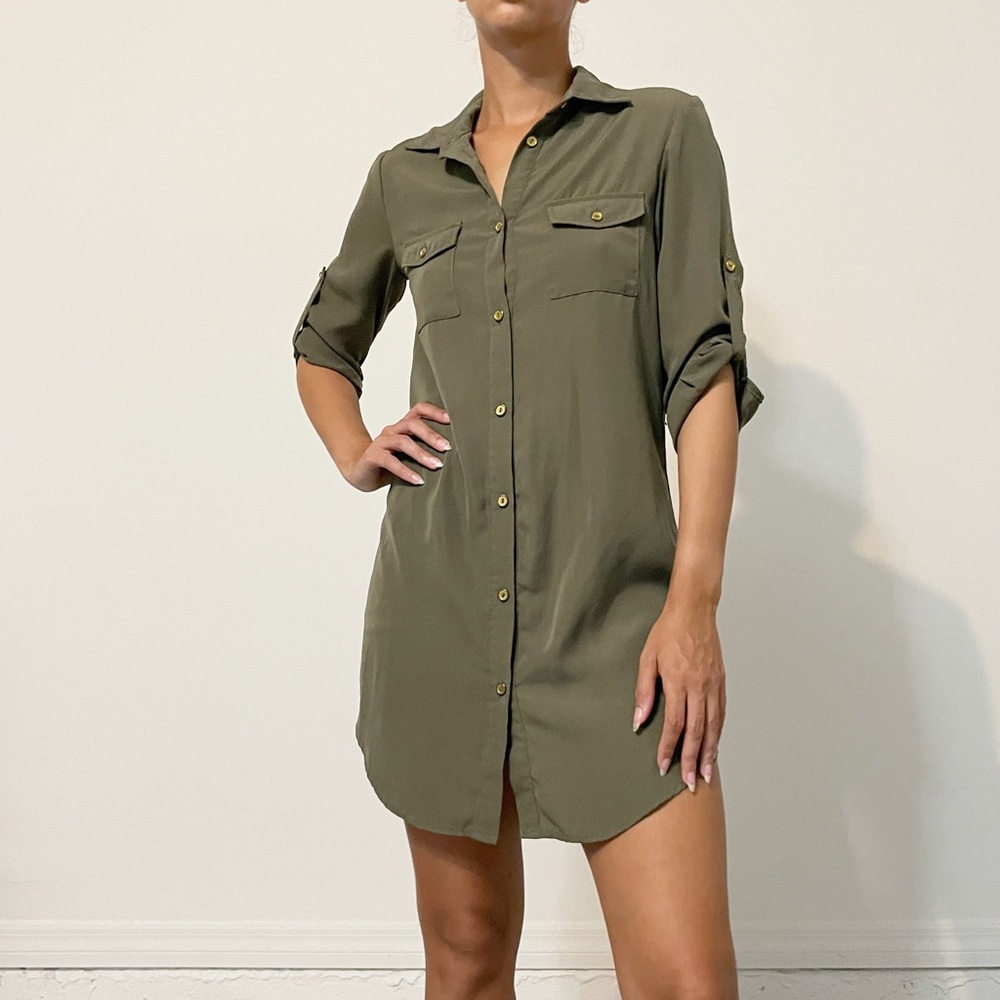 Olive green button up shirt dress